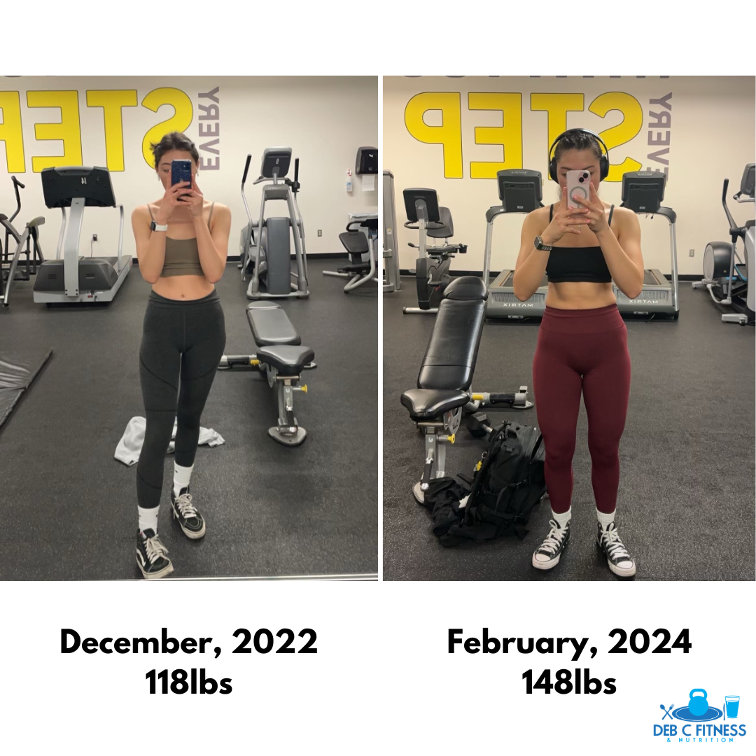 Kaycie before and after — gym mirror comparison Dec 2022 vs Feb 2024