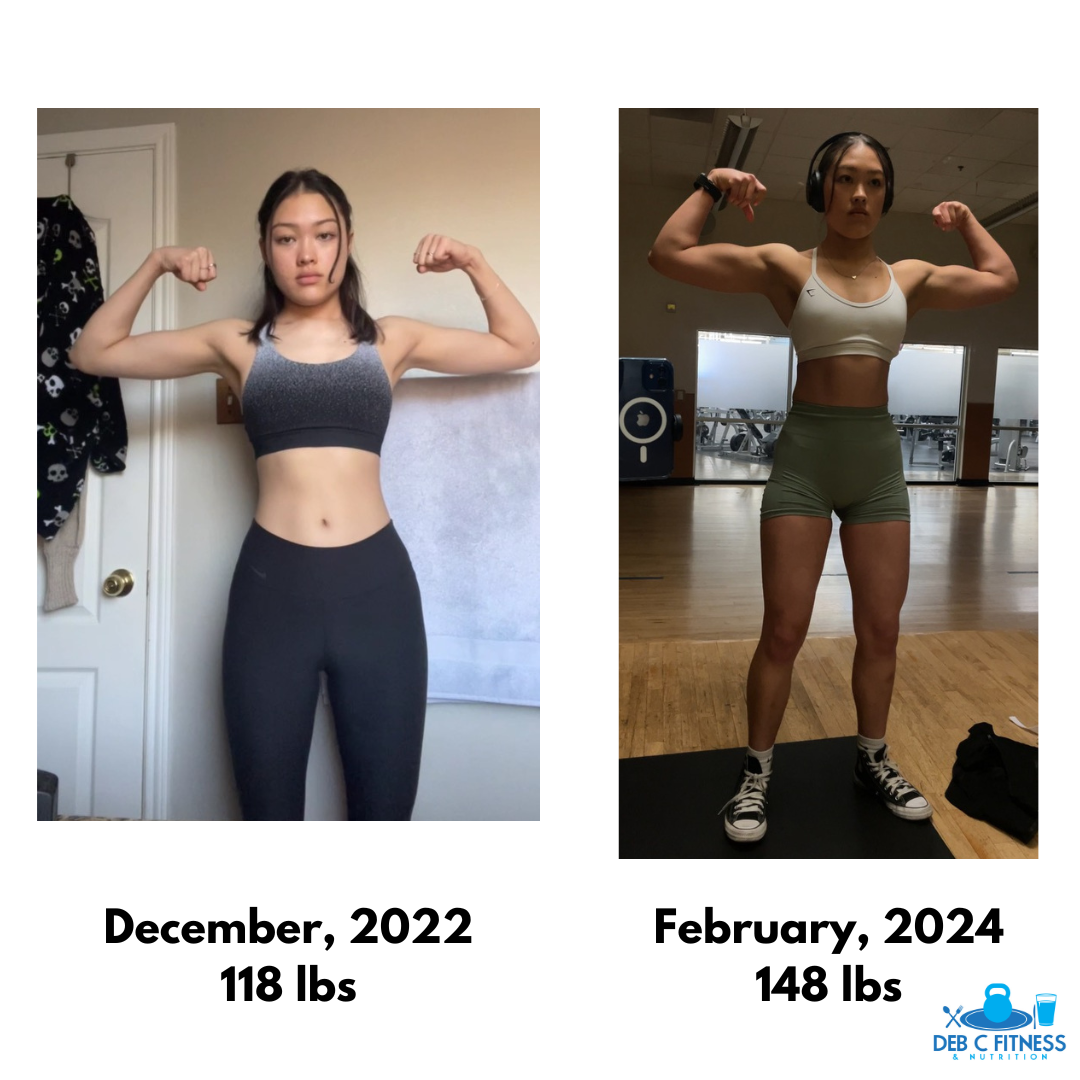 Kaycie before and after — flexing comparison Dec 2022 vs Feb 2024