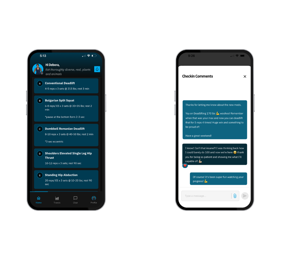 Deb C Fitness coaching app — daily workout plan and direct coach check-in chat
