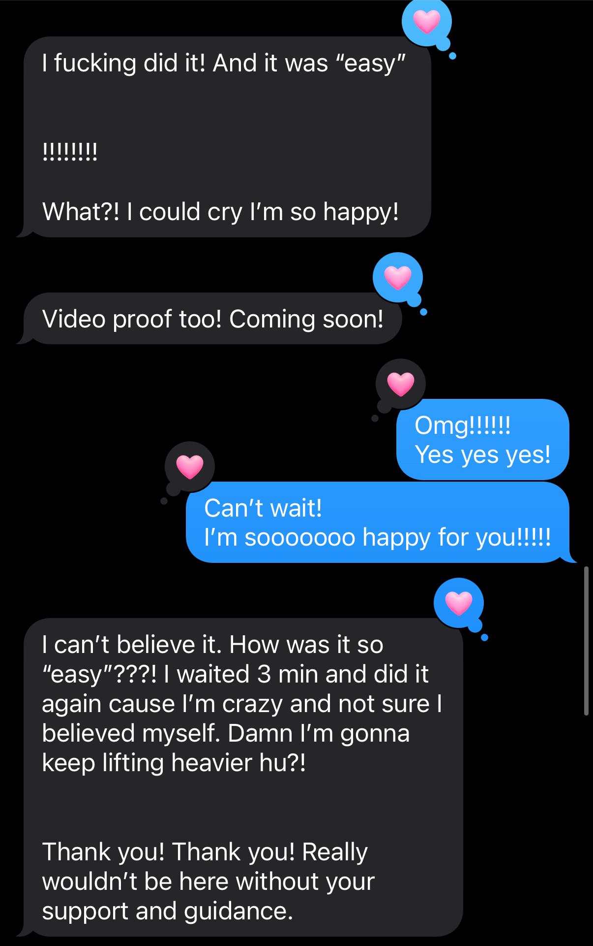 Keira's reaction text after deadlifting 200 lbs